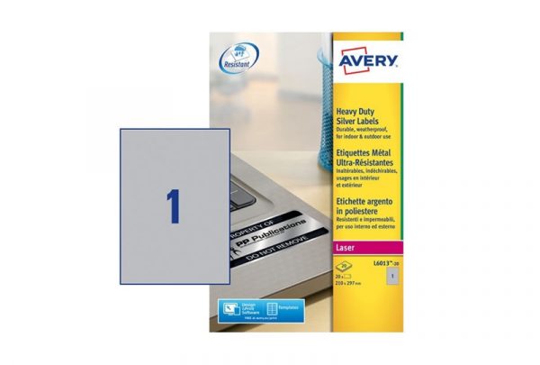 Avery Resistant labels L6013-20 210 x 297 mm, B/W Laser, permanent