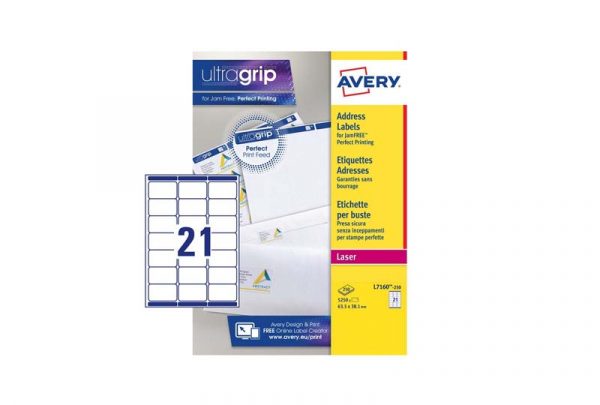 Avery Address Labels L7160-250 63.5 x 38.1 mm, Laser, white